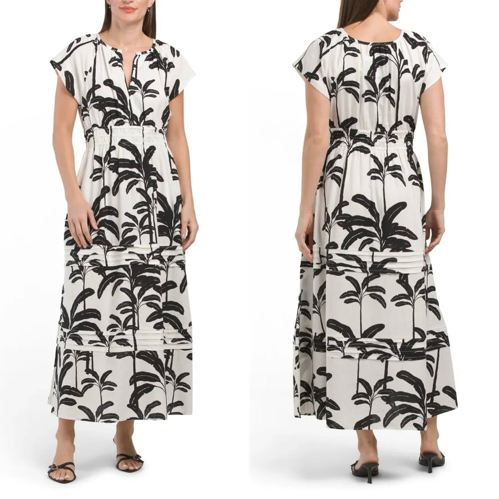 Tahari Black and White Linen Blend Tropical Maxi Dress Size Small